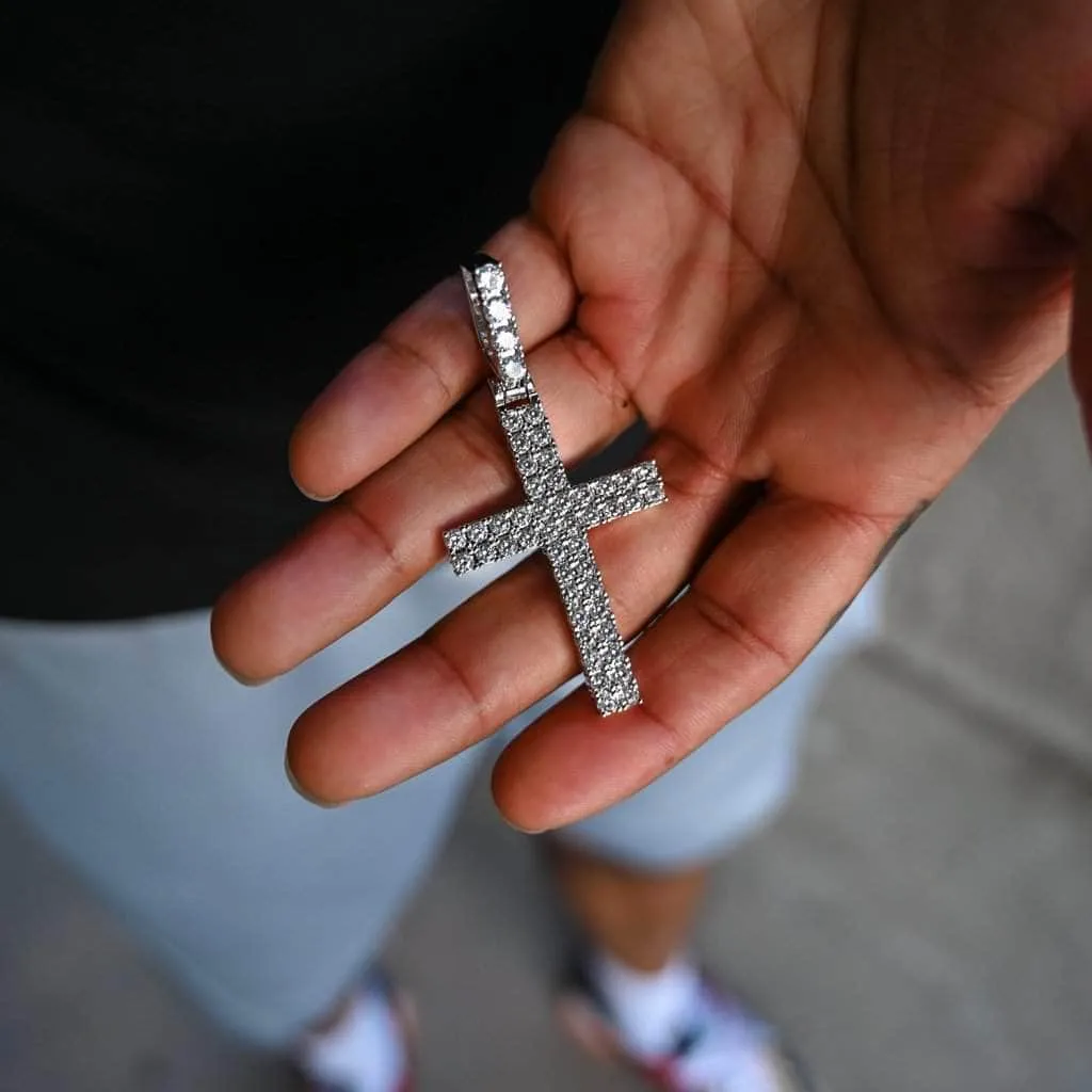 Large Double Row Diamond Cross in White Gold