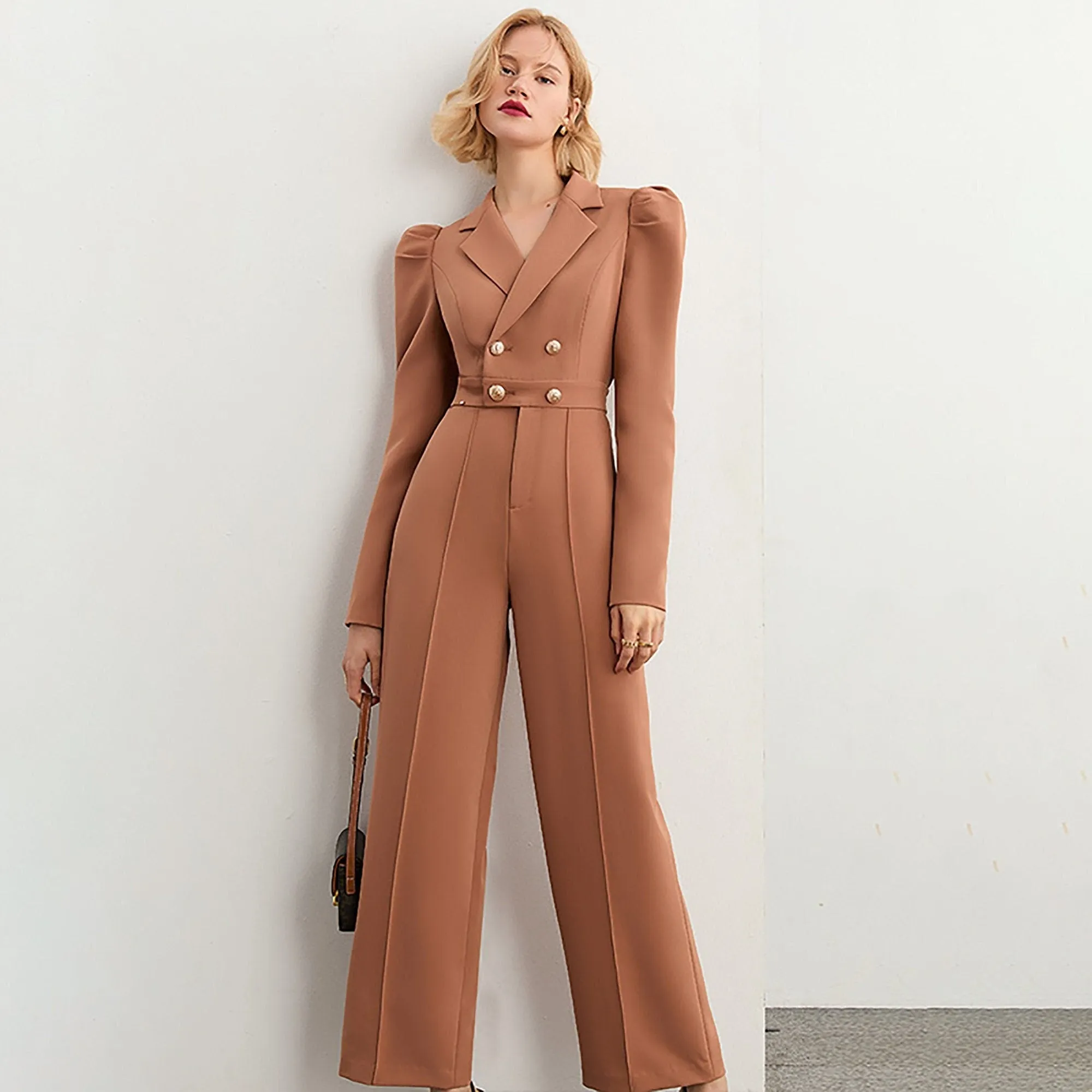 Long Sleeve Double-breasted Wide Leg Jumpsuit