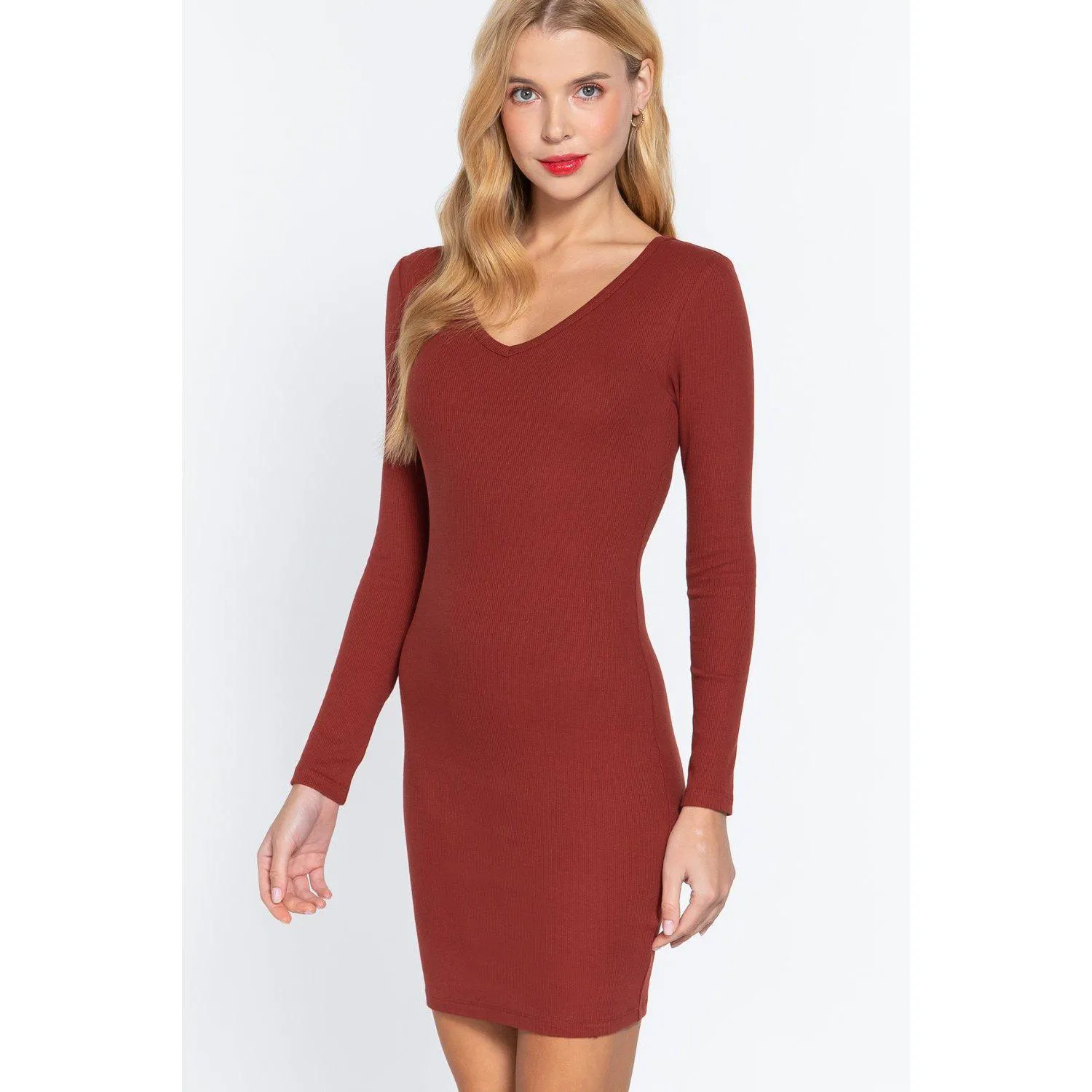 Long Slv V-neck Mini Rib Dress