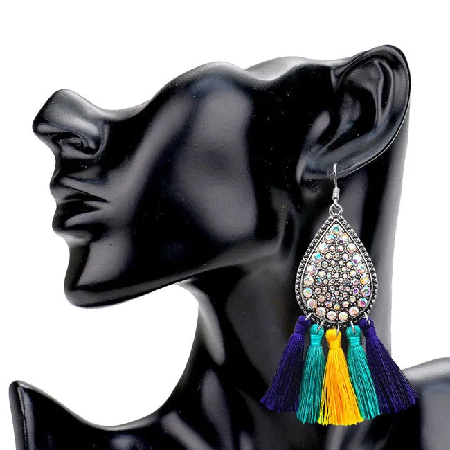 Mardi Gras Stone Embellished Metal Teardrop Dangle Earrings