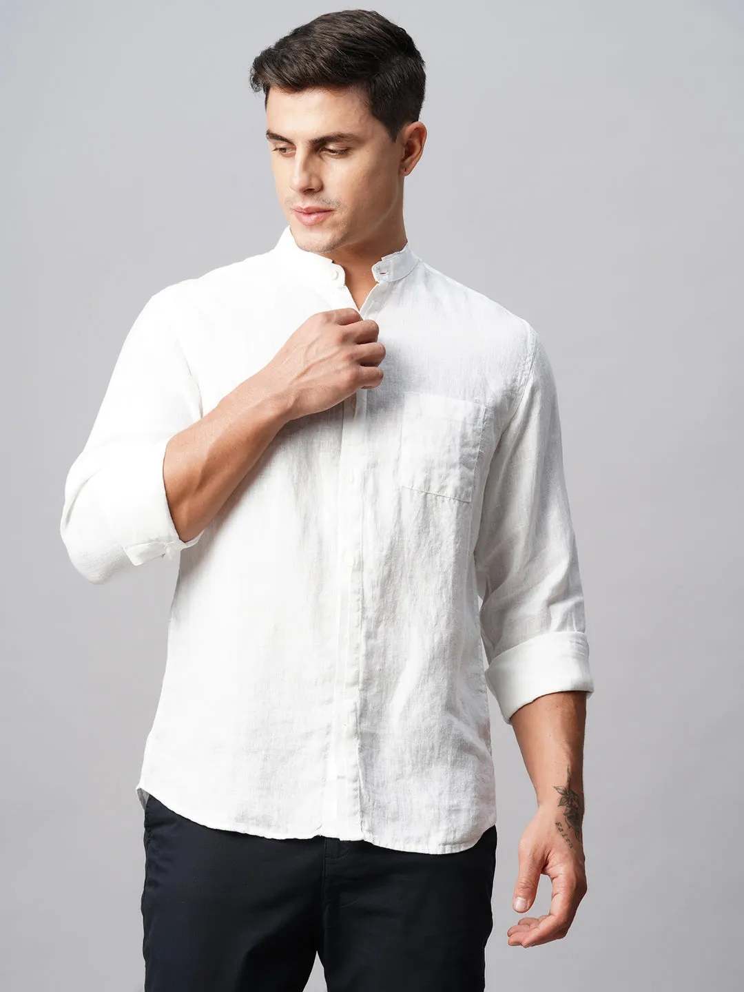 Men's 100% Linen White Band Collared Regular Fit Band Collared Shirt