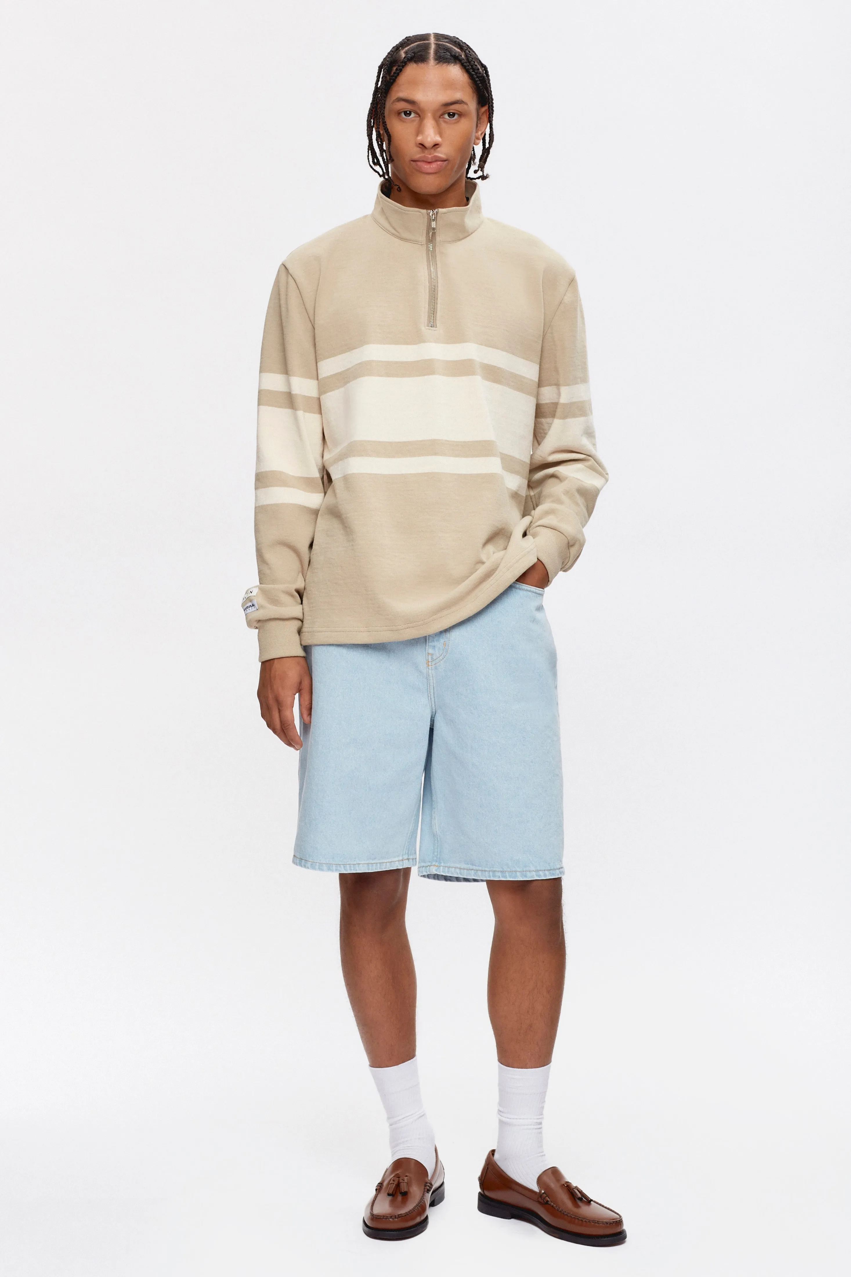 Men's Barbarian Zip Rugby in Taupe/Marshmallow Stripe