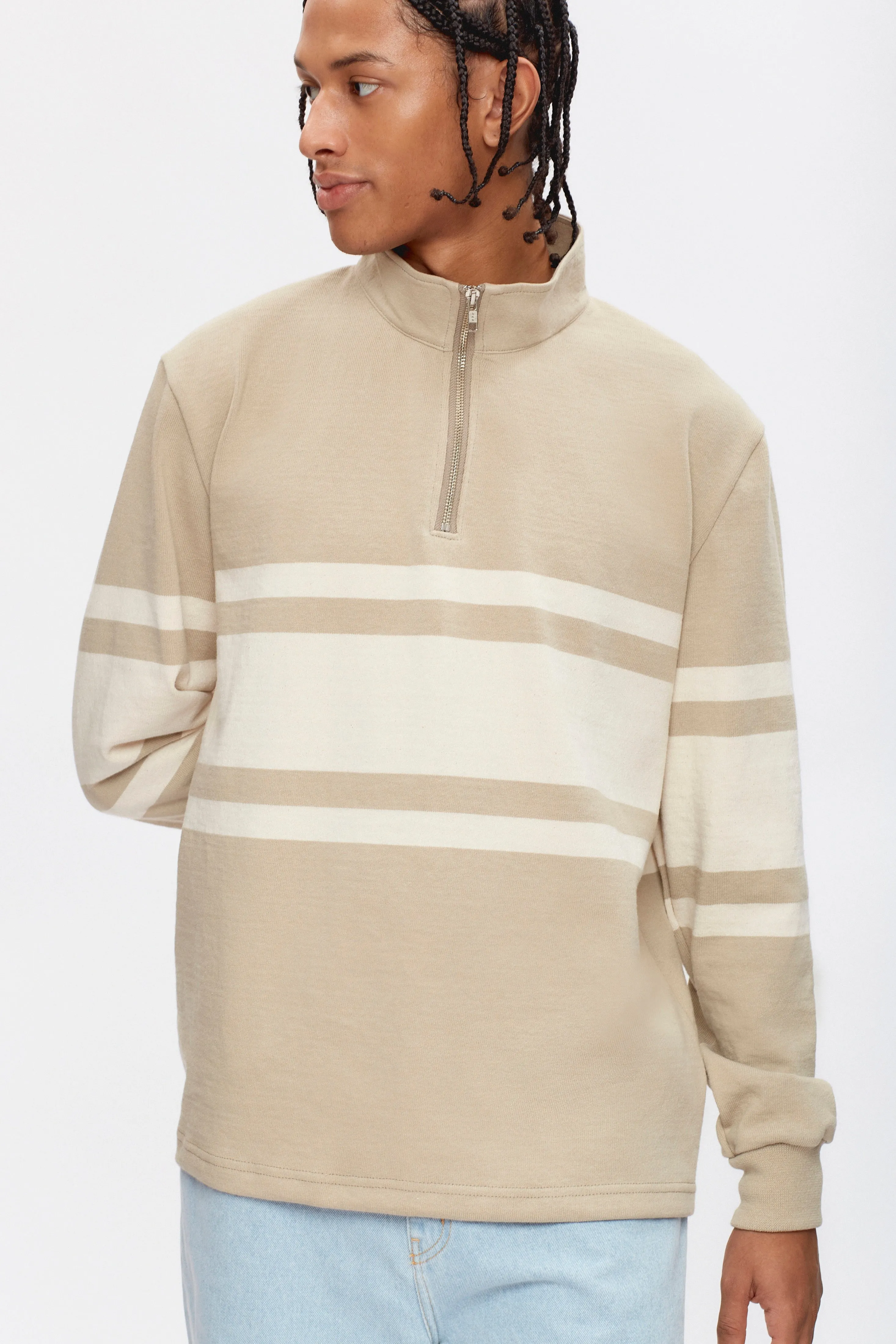 Men's Barbarian Zip Rugby in Taupe/Marshmallow Stripe