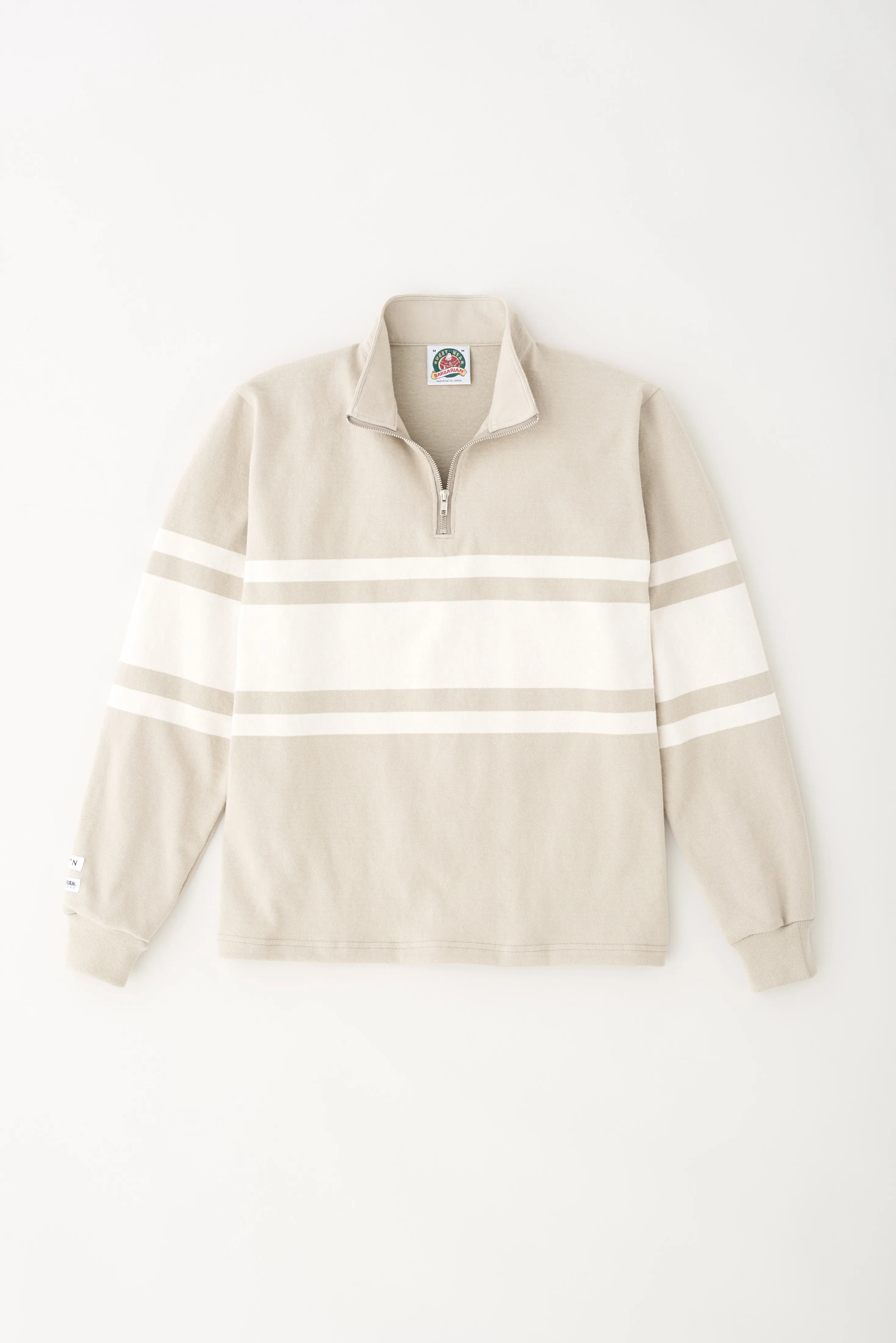 Men's Barbarian Zip Rugby in Taupe/Marshmallow Stripe