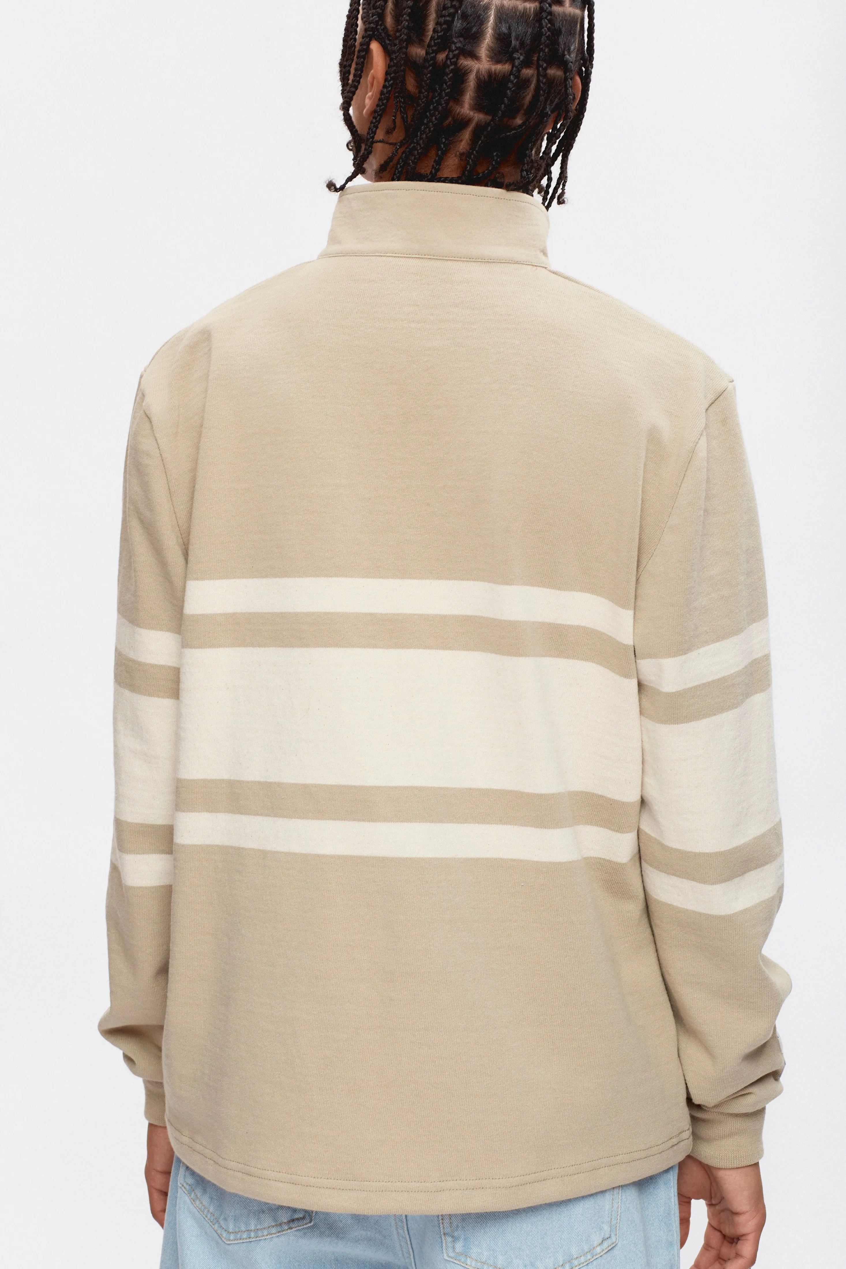 Men's Barbarian Zip Rugby in Taupe/Marshmallow Stripe