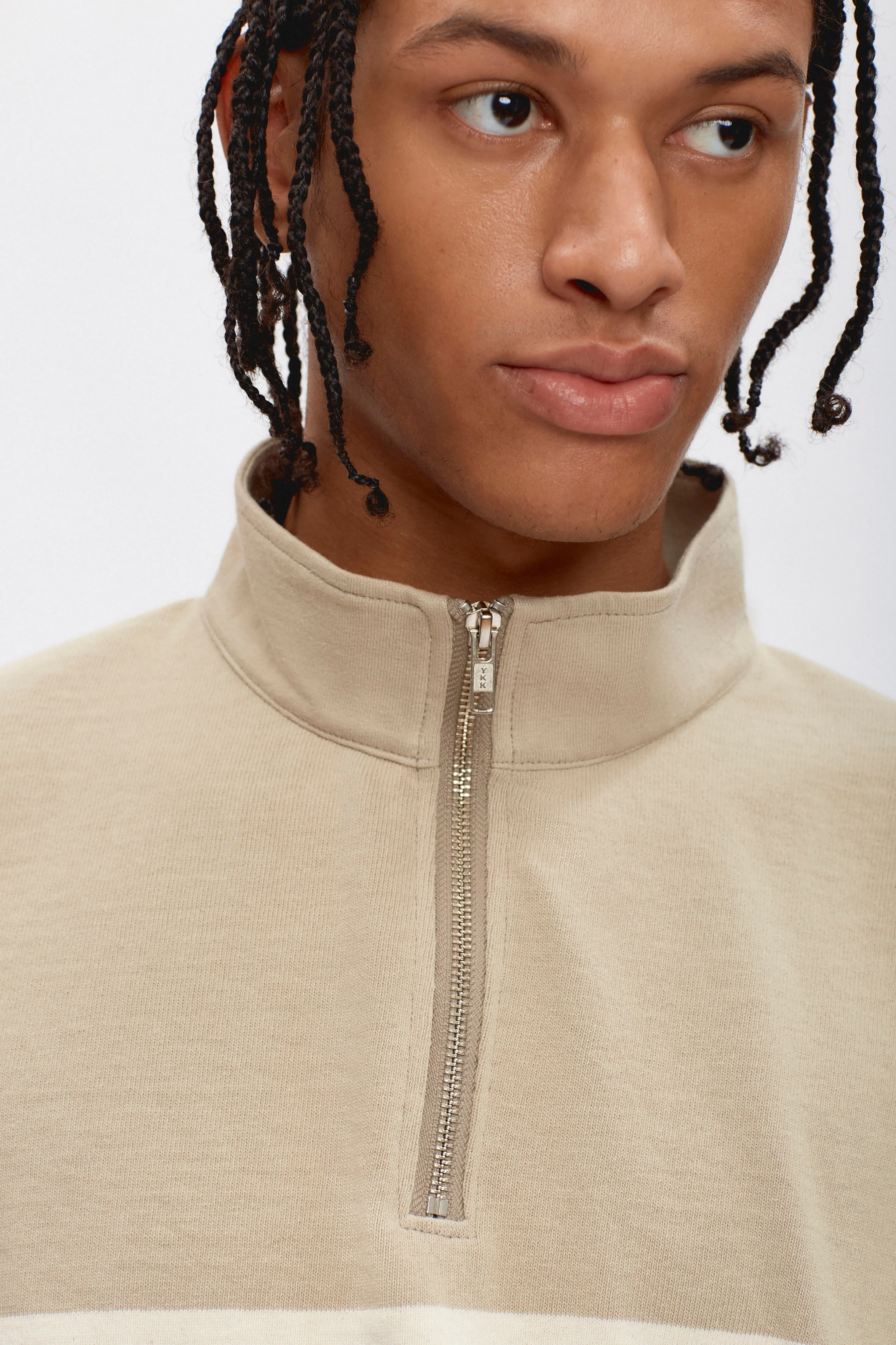 Men's Barbarian Zip Rugby in Taupe/Marshmallow Stripe