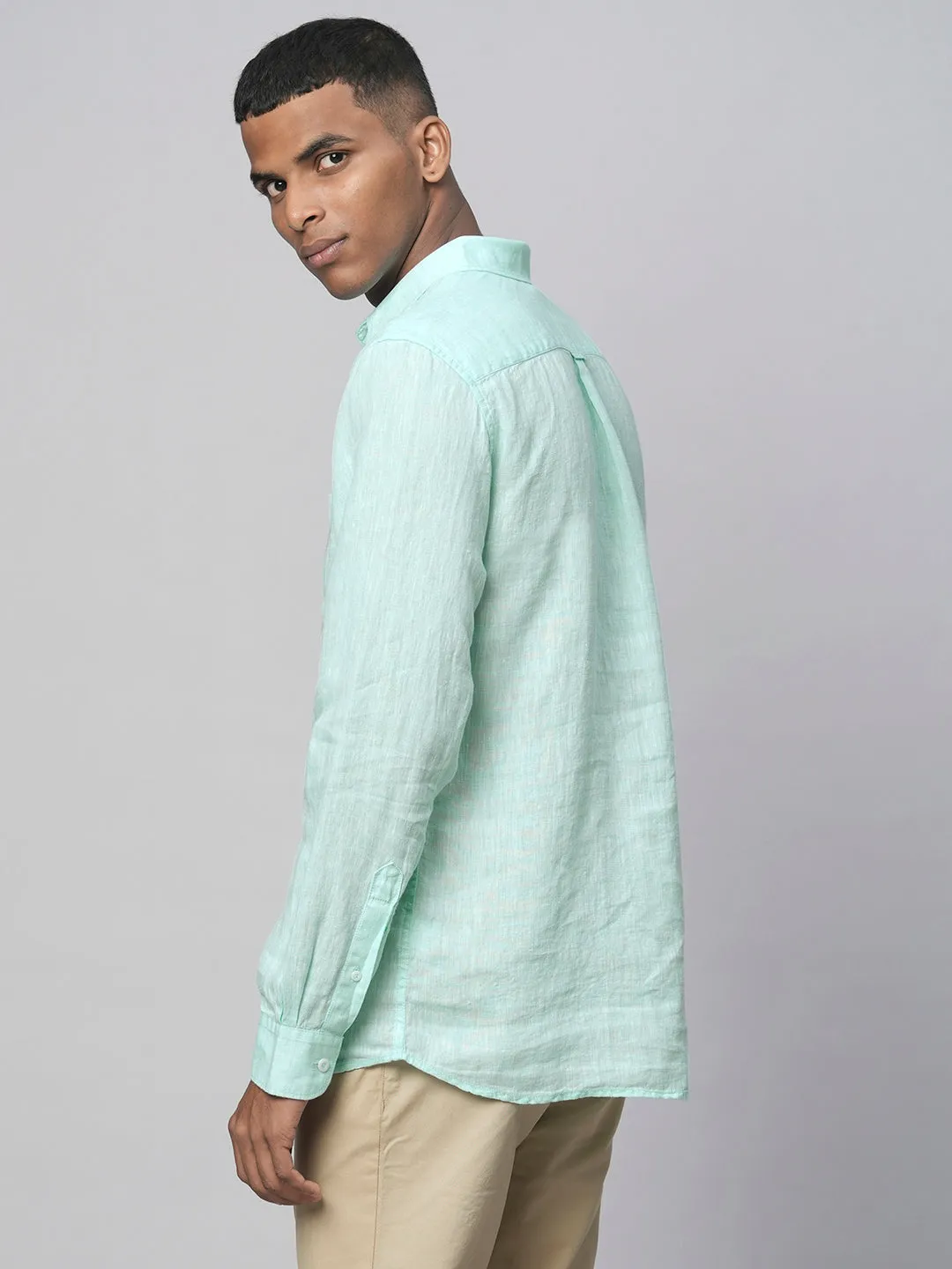 Men's Mint Green 100% Linen Regular Fit Long Sleeved Shirt