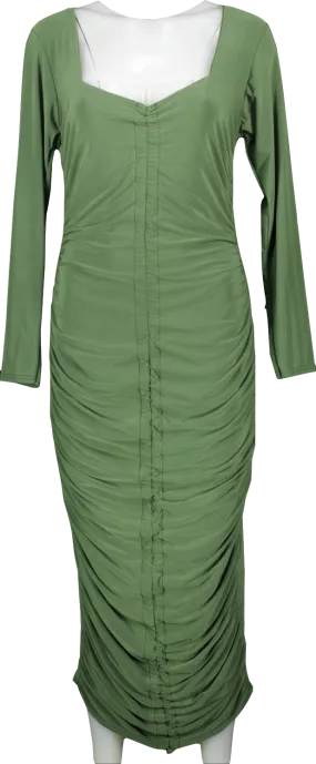 Missguided Green Khaki Long Sleeve Slinky Ruched Midi Dress Bnwt UK 20