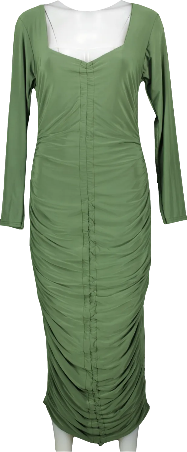 Missguided Green Khaki Long Sleeve Slinky Ruched Midi Dress Bnwt UK 20