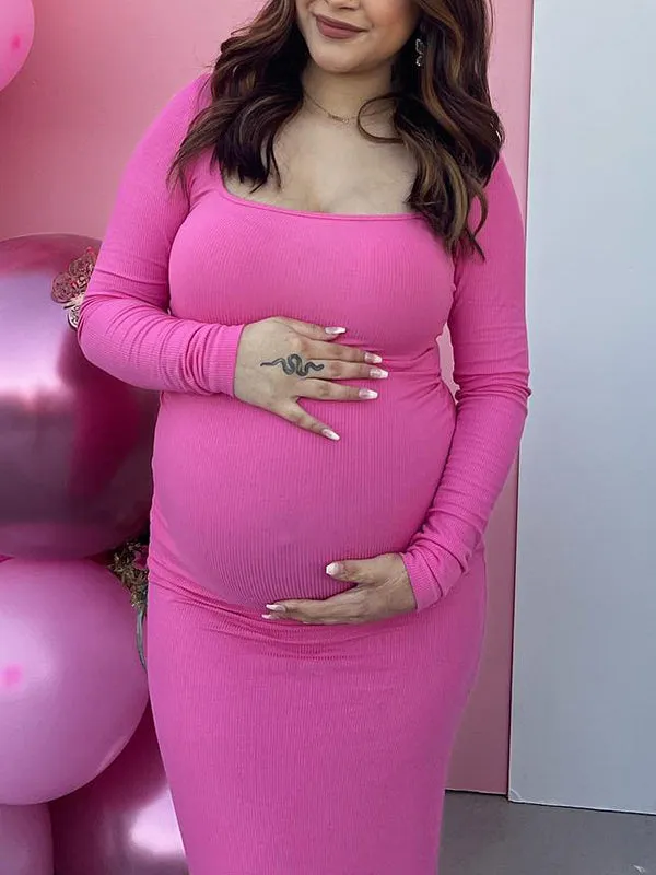 Momnfancy Belly Friendly U Neck Long Sleeve Bodycon Babyshower Maternity Maxi Dress