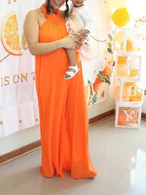 Momnfancy Orange Off Shoulder Backless Ruffle Wide Leg Long Jumpsuit Elegant Baby Shower Maternity Jumpsuit