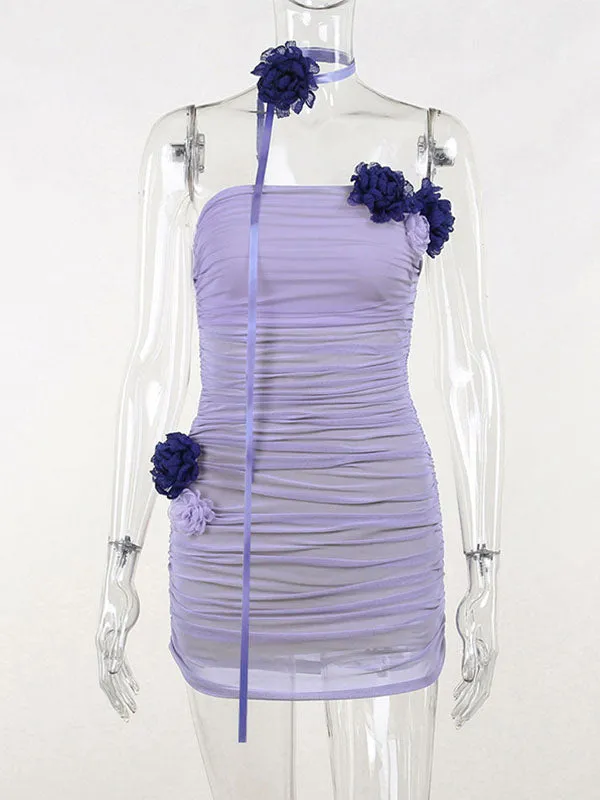 Momnfancy Violet Bandeau Ruffle Off Shoulder Mesh 3D Flower Bodycon Party Going Out Baby Shower Maternity Mini Dress