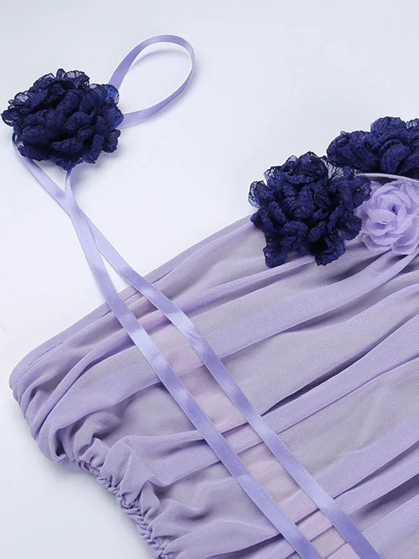 Momnfancy Violet Bandeau Ruffle Off Shoulder Mesh 3D Flower Bodycon Party Going Out Baby Shower Maternity Mini Dress