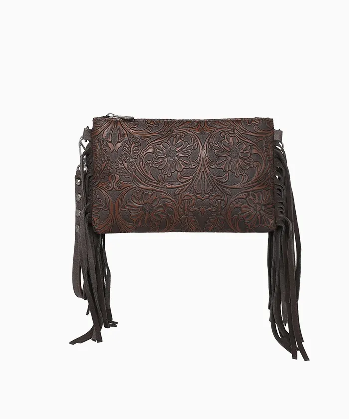 Montana West Floral Embossed Fringe Crossbody Clutch