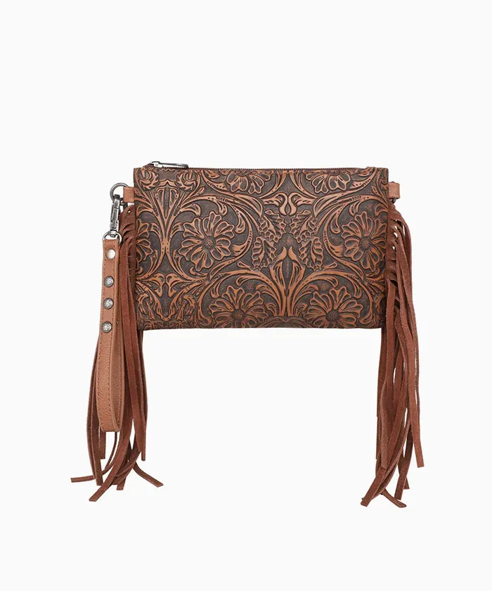 Montana West Floral Embossed Fringe Crossbody Clutch