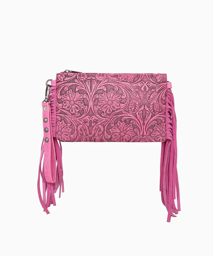 Montana West Floral Embossed Fringe Crossbody Clutch