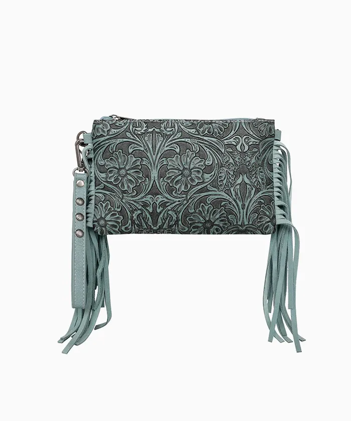 Montana West Floral Embossed Fringe Crossbody Clutch