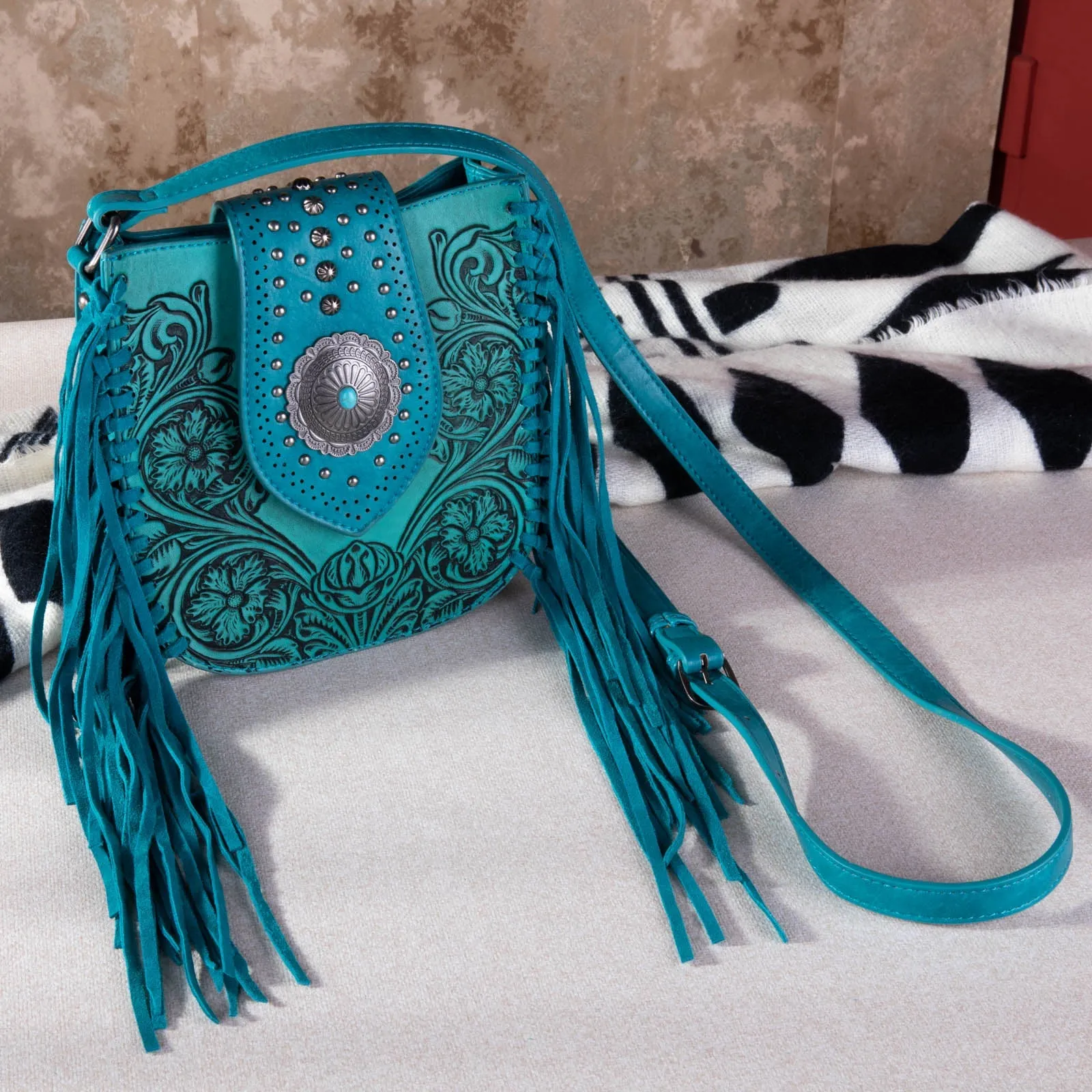 Montana West Vintage Floral Tooled Fringe Crossbody Bag