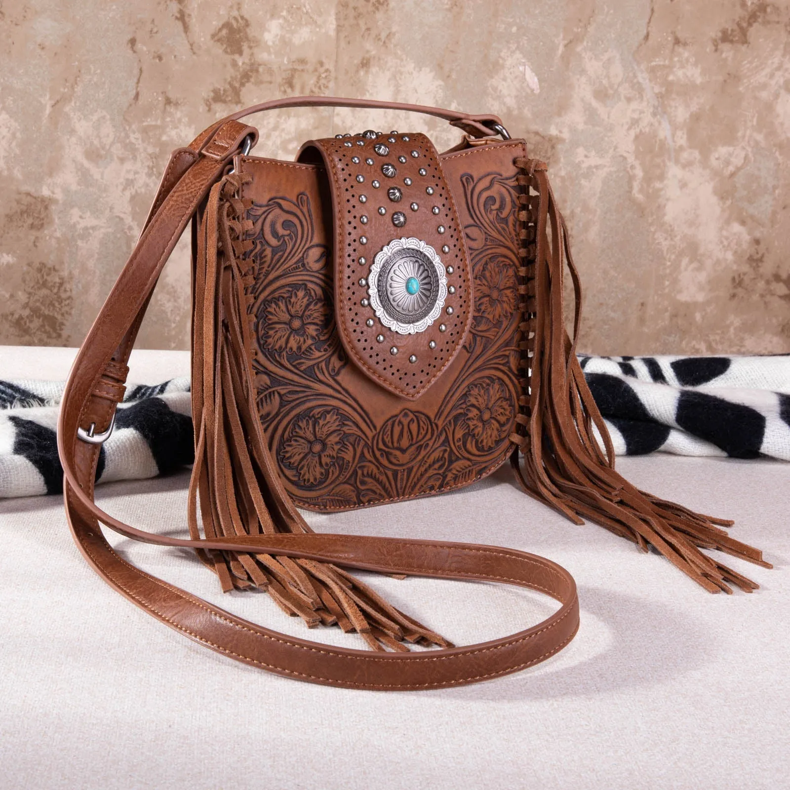 Montana West Vintage Floral Tooled Fringe Crossbody Bag