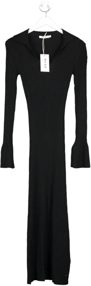 NA-KD Black Rib Knitted Trumpet Sleeve Dress UK S