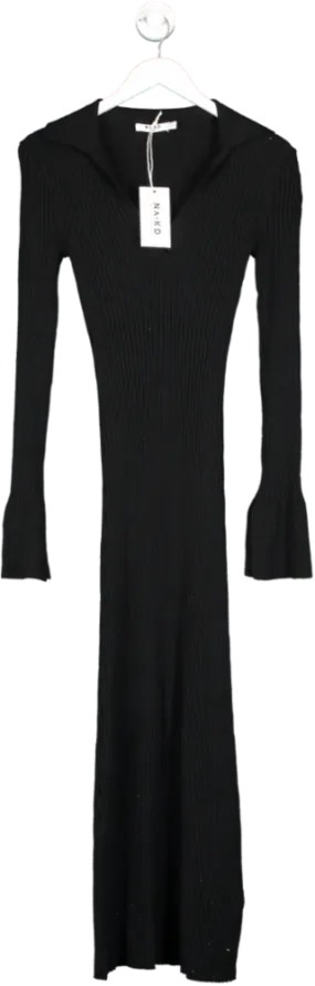 NA-KD Black Rib Knitted Trumpet Sleeve Dress UK S