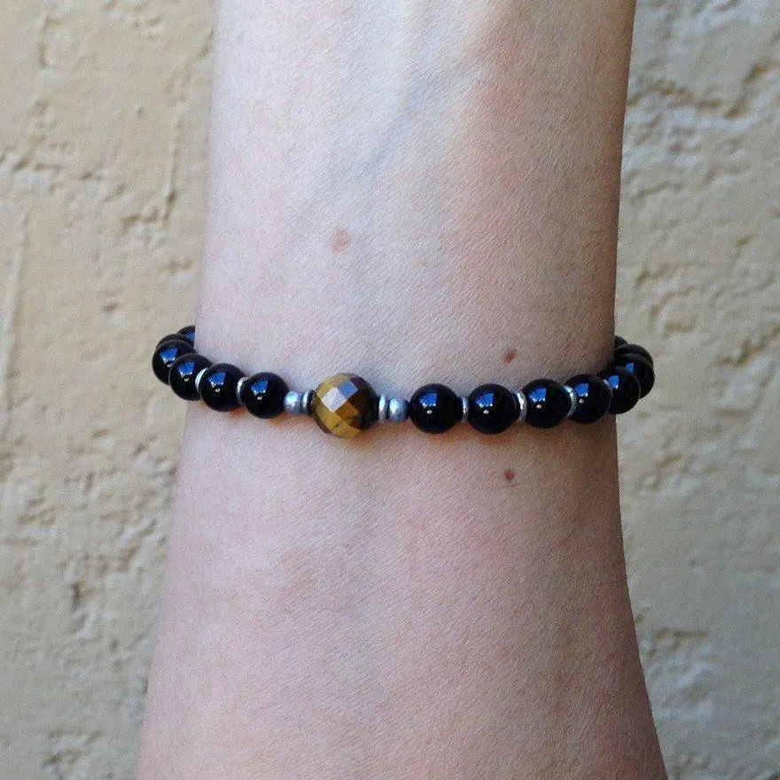 Patience and Abundance, Onyx and Tiger's Eye Guru Bead Mala Bracelet