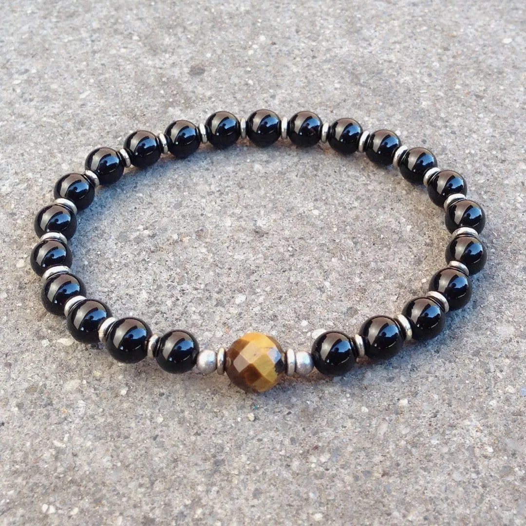 Patience and Abundance, Onyx and Tiger's Eye Guru Bead Mala Bracelet