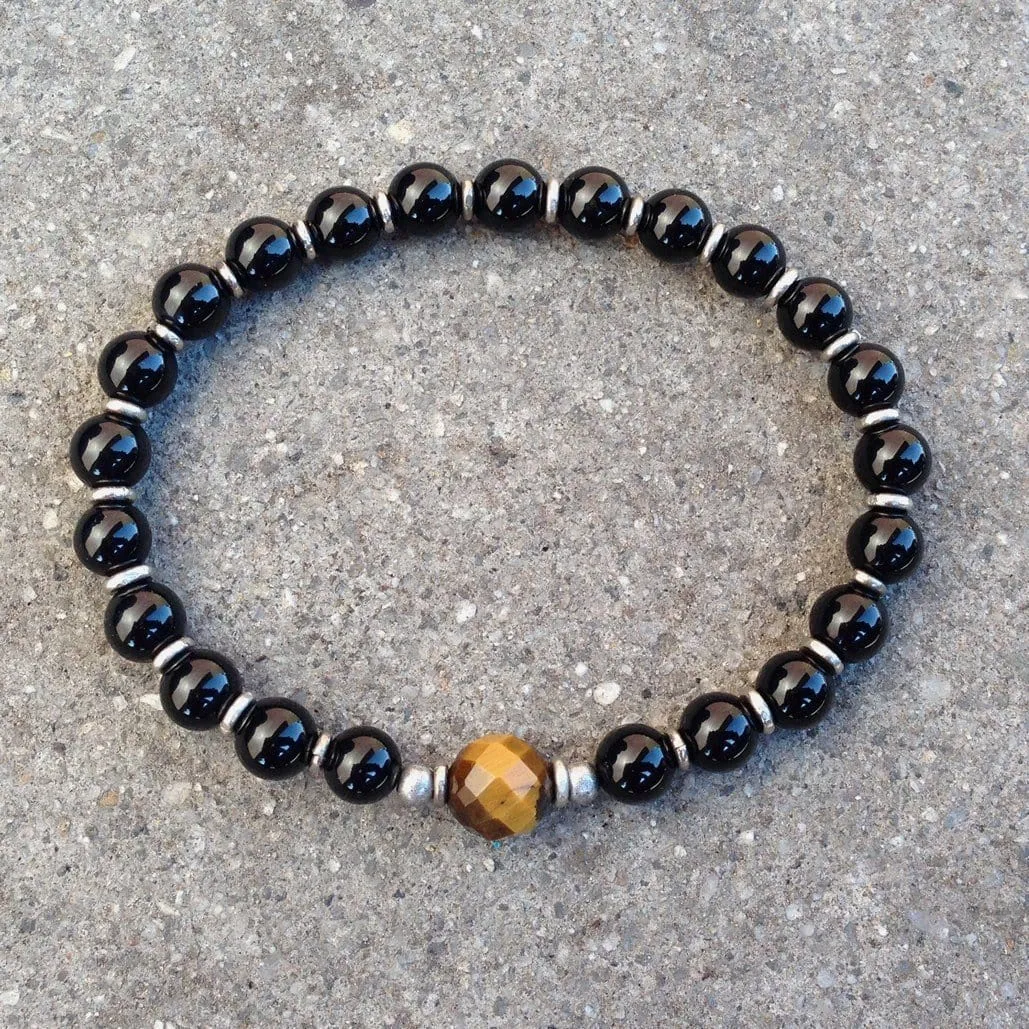 Patience and Abundance, Onyx and Tiger's Eye Guru Bead Mala Bracelet