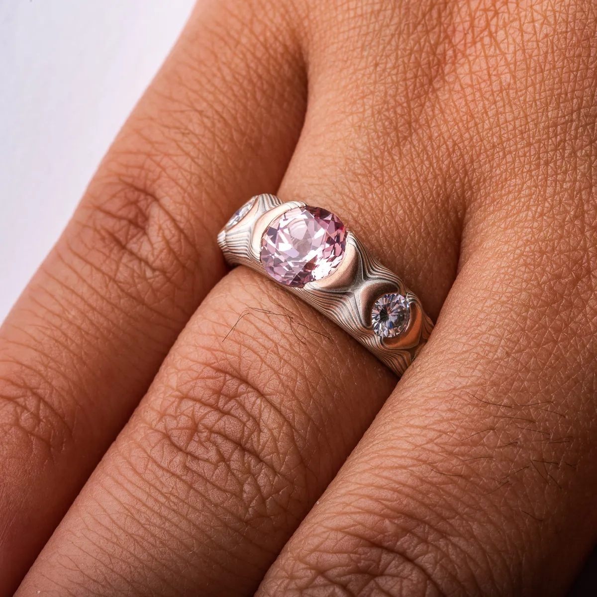 Pink Sapphire Cathedral Guri Bori Pattern Ring in Embers