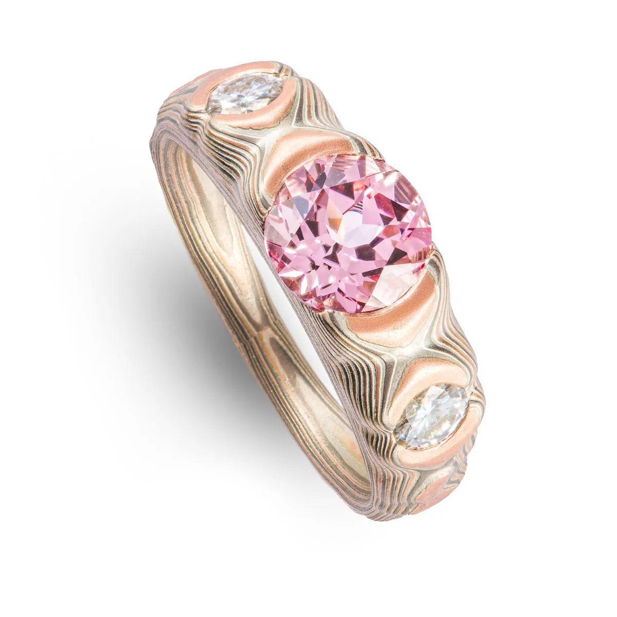 Pink Sapphire Cathedral Guri Bori Pattern Ring in Embers