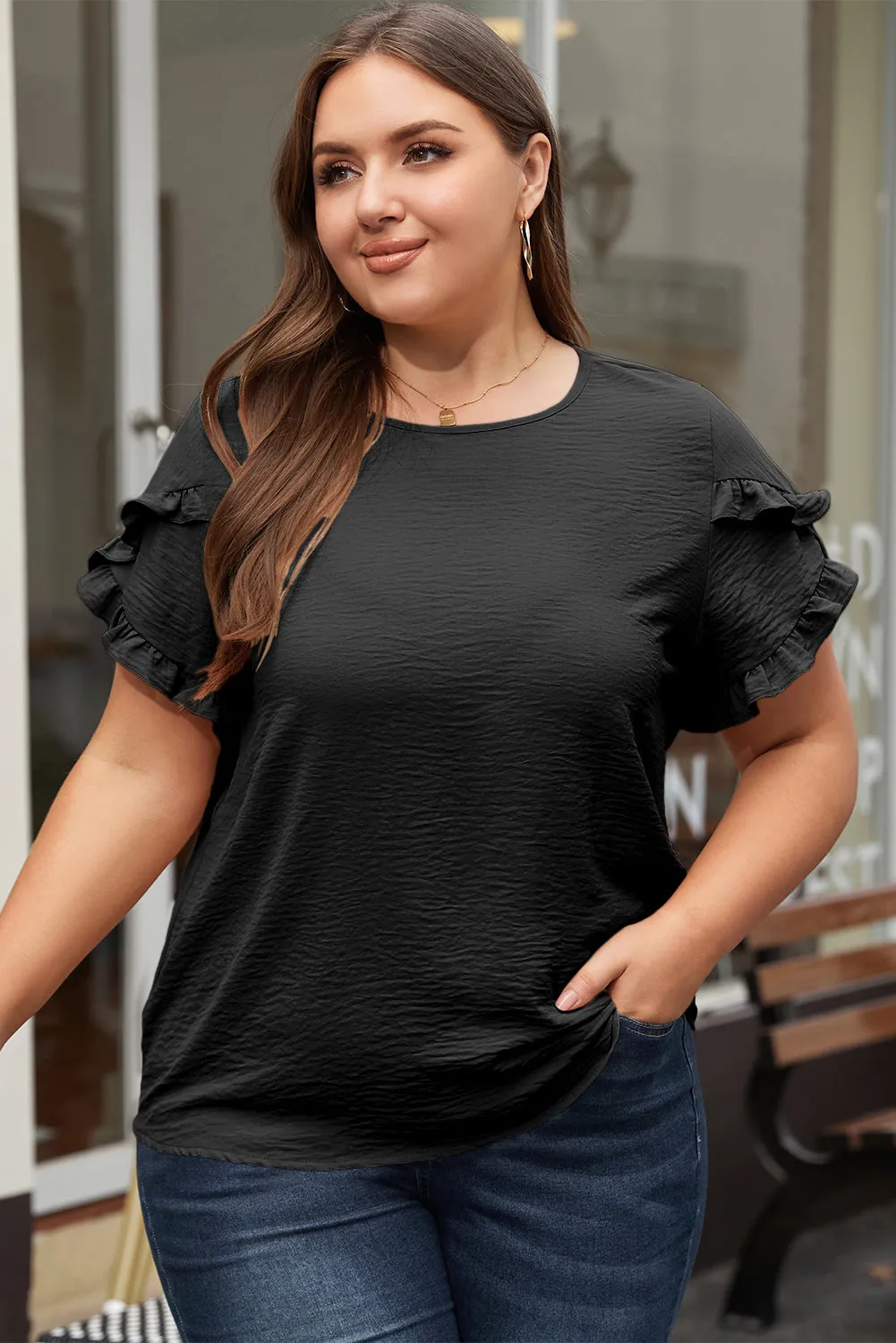 Ruffled Short Sleeve Top in Curvy Size Only