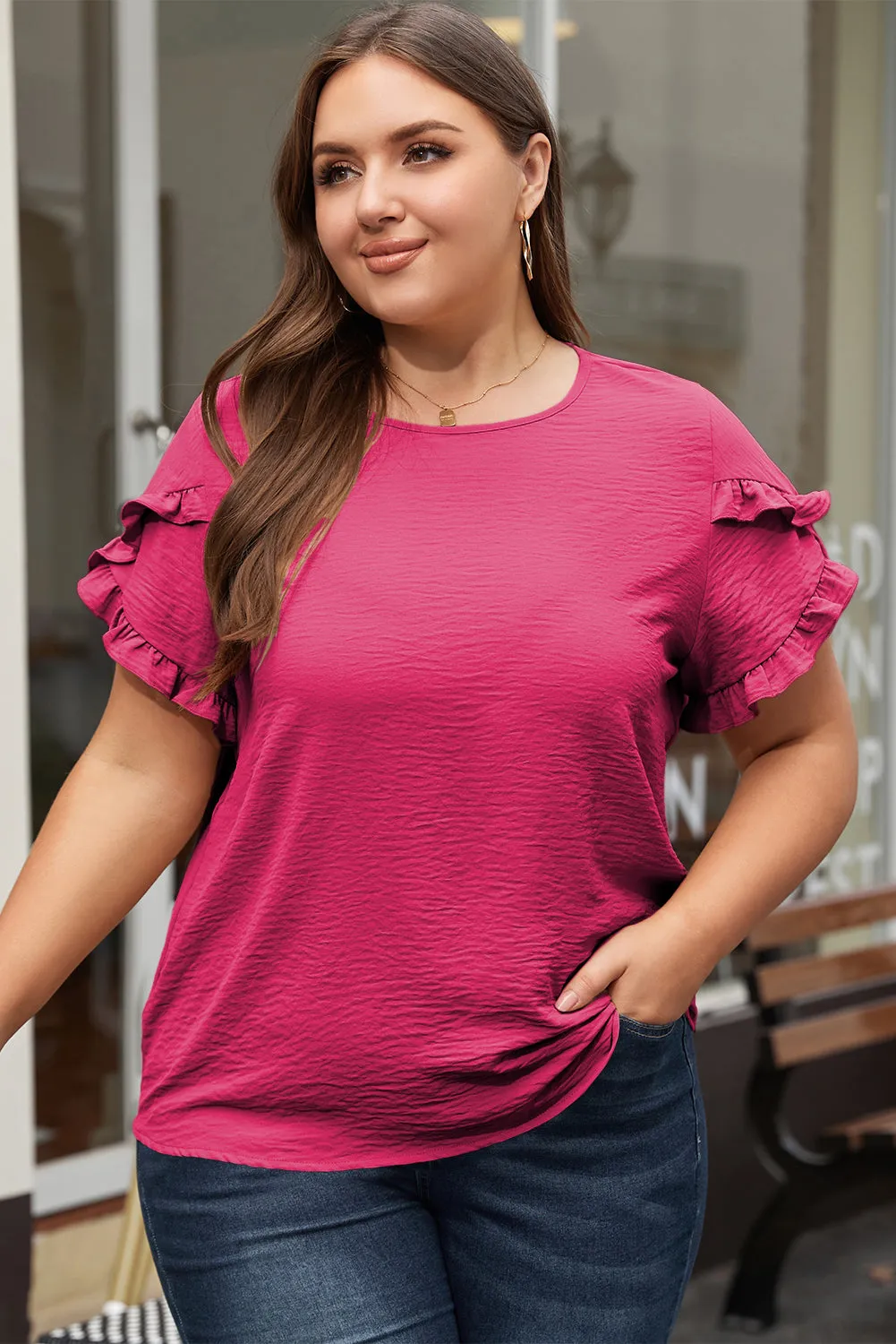 Ruffled Short Sleeve Top in Curvy Size Only