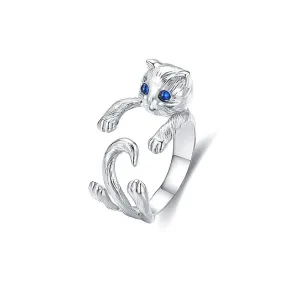 s925 Silver Blue Eyes Cute Cat Hug Plain Ring