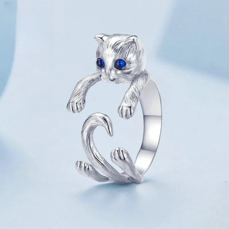 s925 Silver Blue Eyes Cute Cat Hug Plain Ring