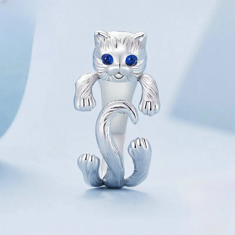 s925 Silver Blue Eyes Cute Cat Hug Plain Ring