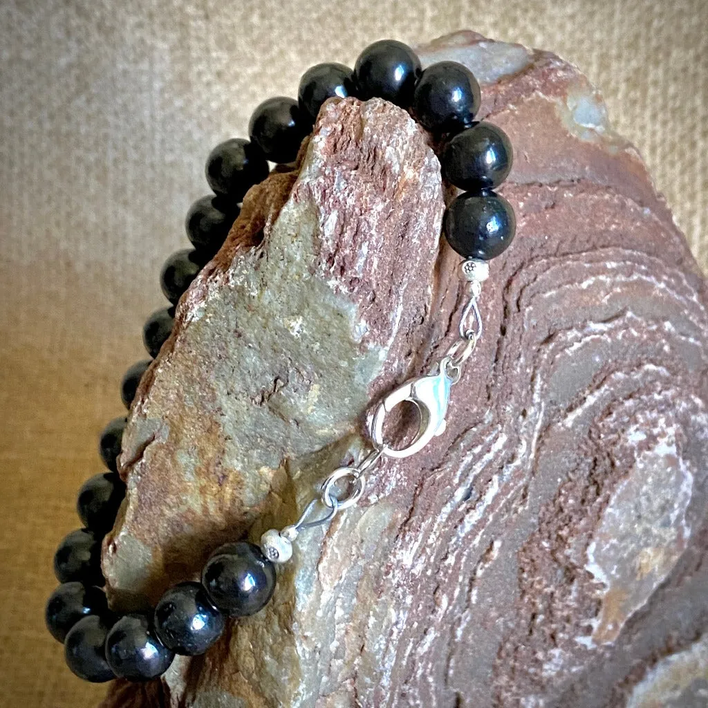 Shungite Bracelet, 8mm Round Beads, Sterling Silver Clasp