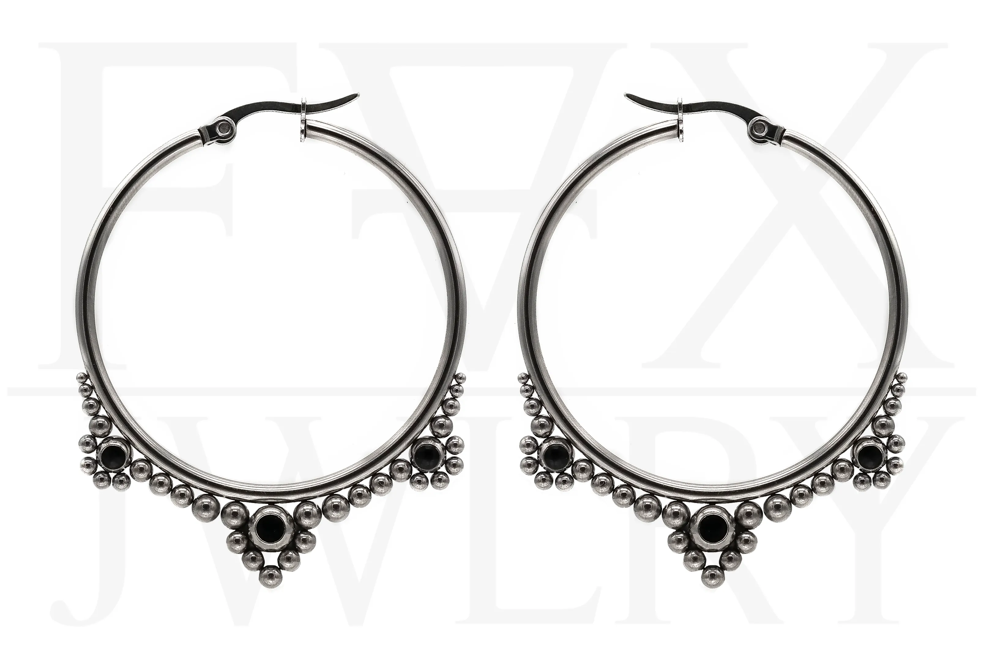 Silver Onyx Tribal Hoops