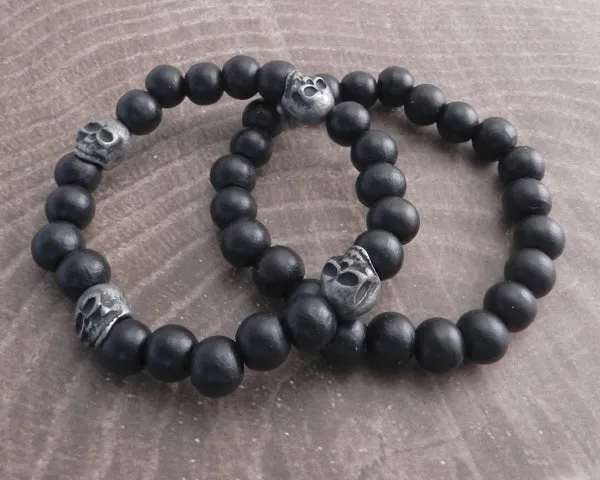 Skull and Wood Bead Bracelet 2 pack