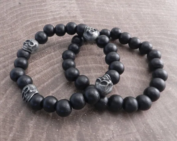 Skull and Wood Bead Bracelet 2 pack