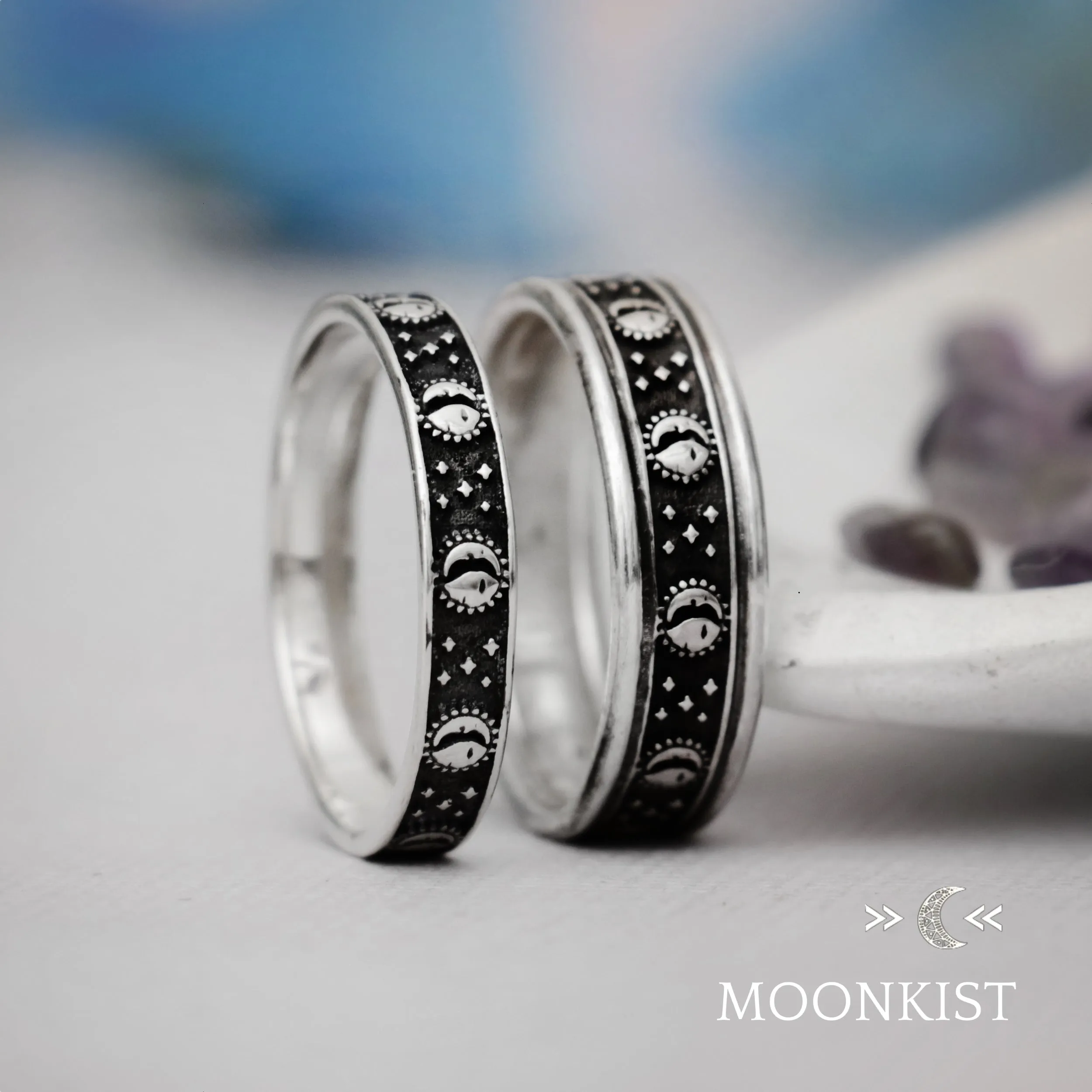 Sterling Silver Eclipse Wedding Band Set | Moonkist Designs