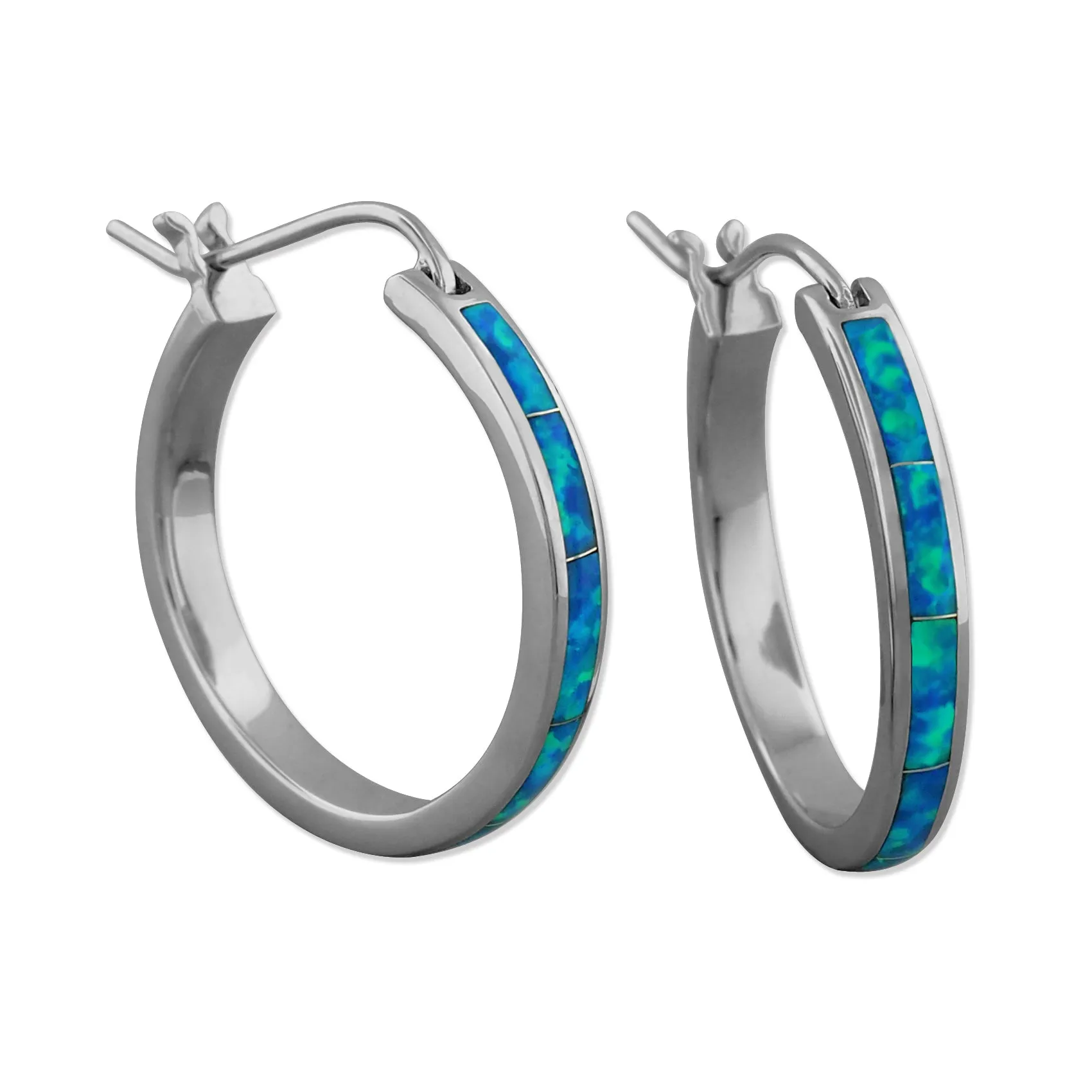 Sterling Silver Synthetic Blue Opal Hoop Earrings 1 Inch