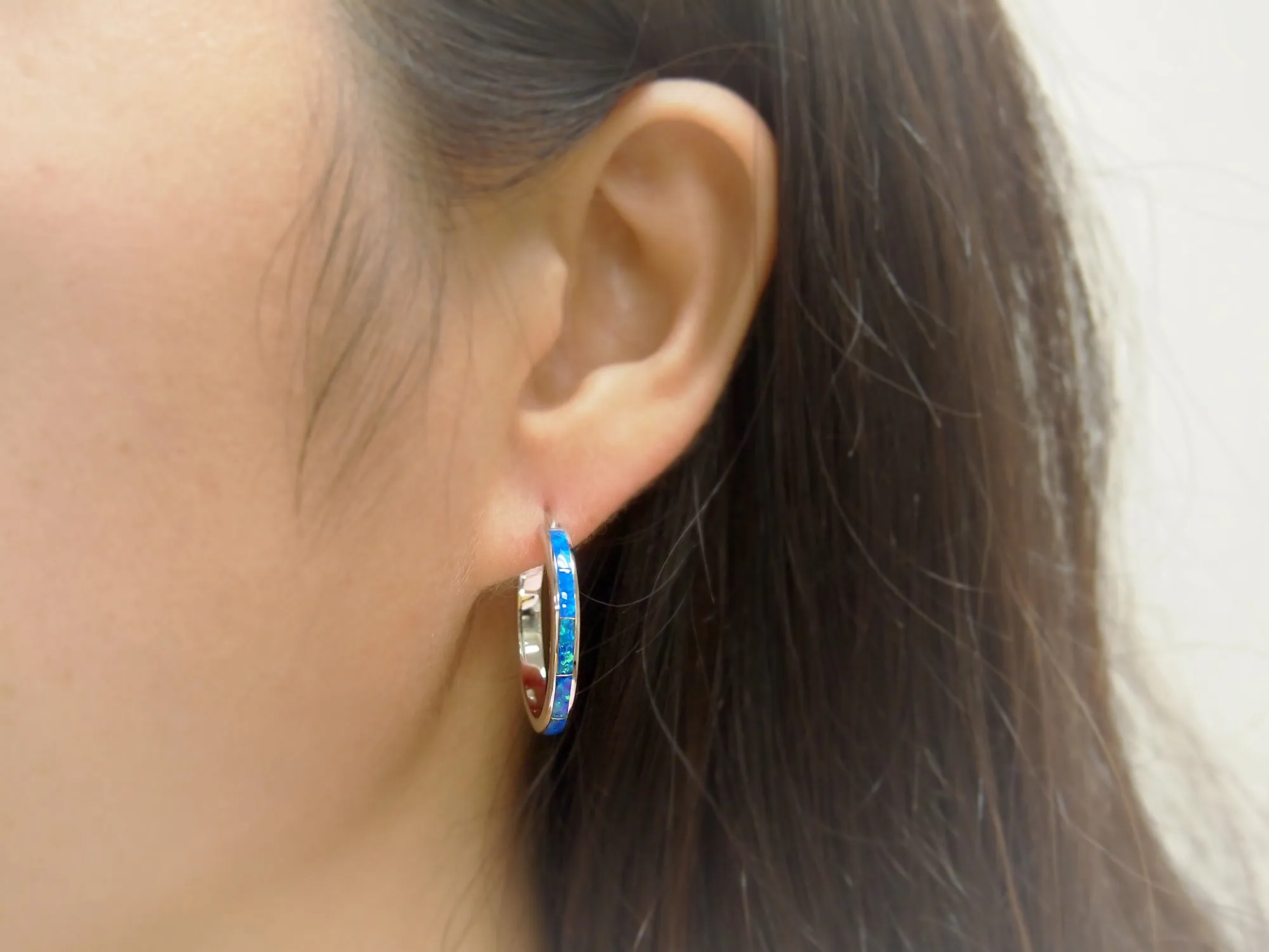 Sterling Silver Synthetic Blue Opal Hoop Earrings 1 Inch