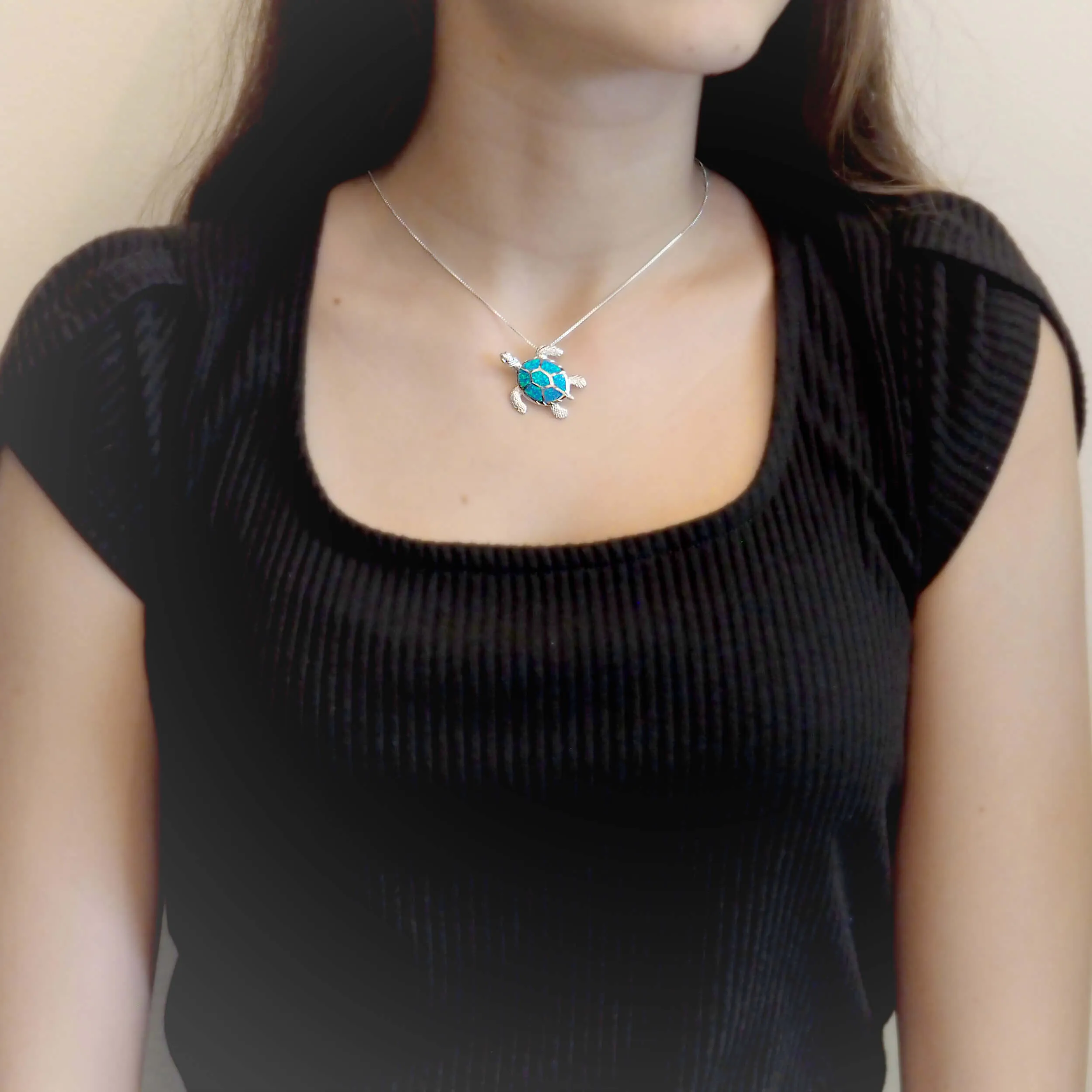 Sterling Silver Synthetic Opal Turtle Pendant Necklace