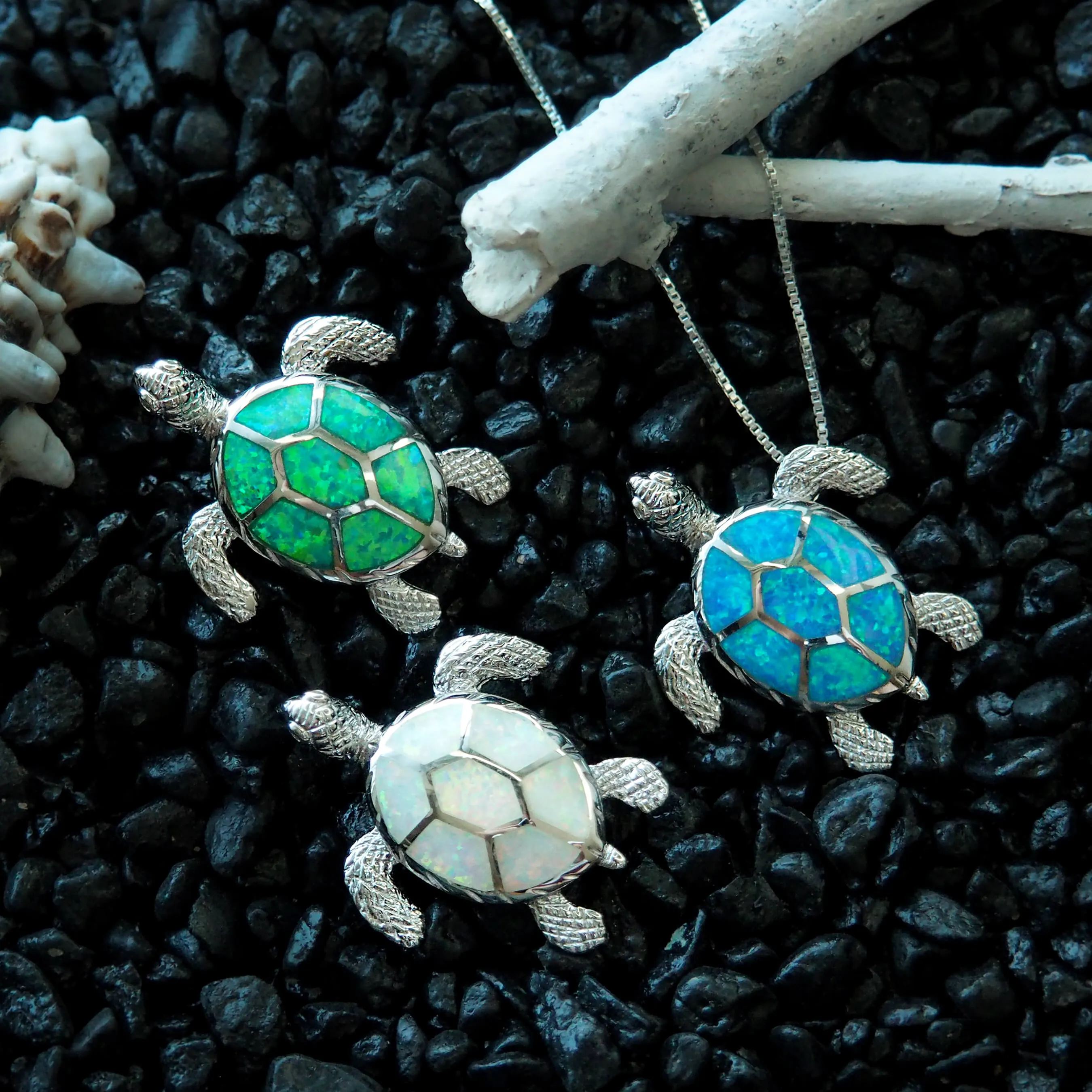 Sterling Silver Synthetic Opal Turtle Pendant Necklace