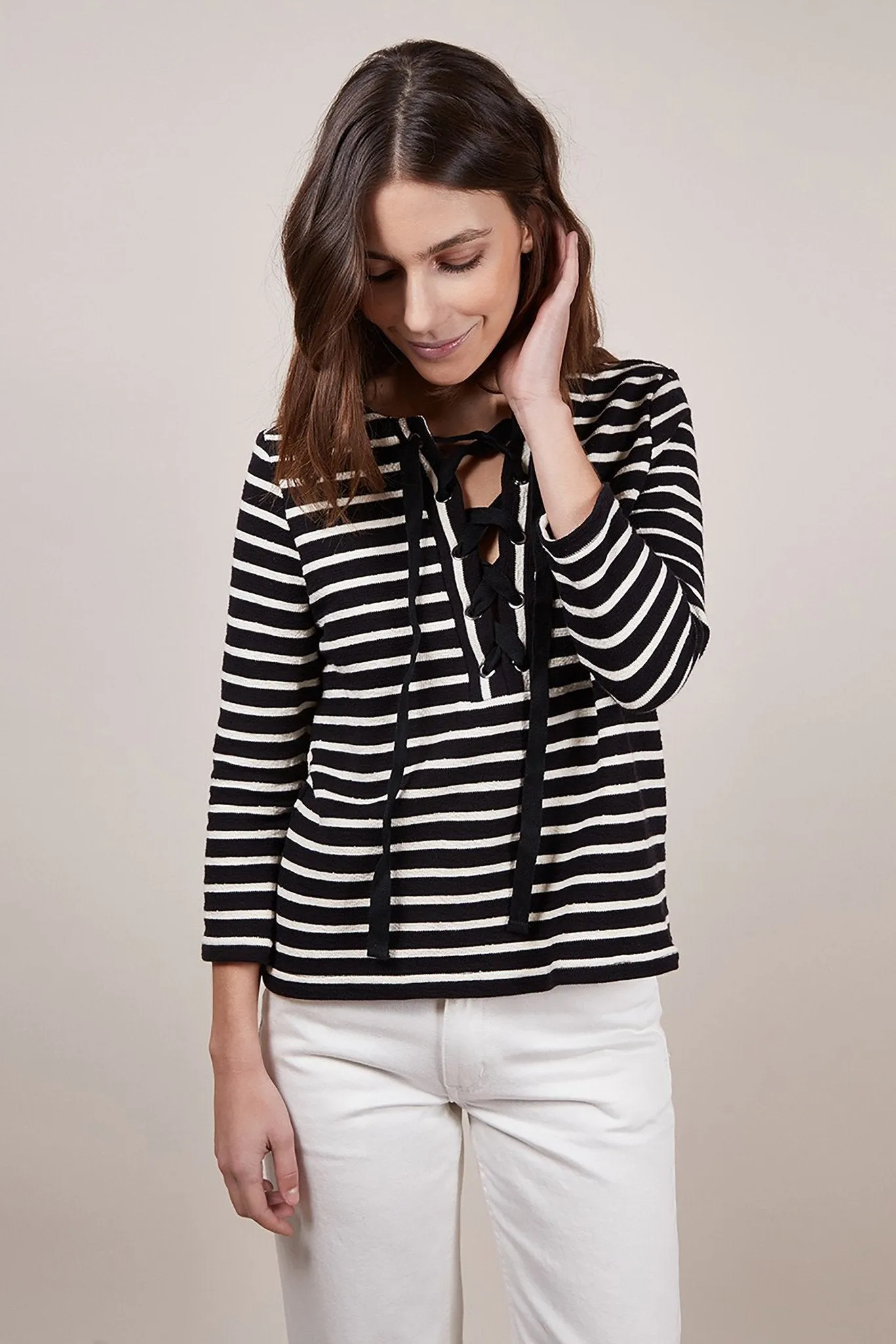 Striped 3/4 Length Sleeve Lace Front Top in Black and White