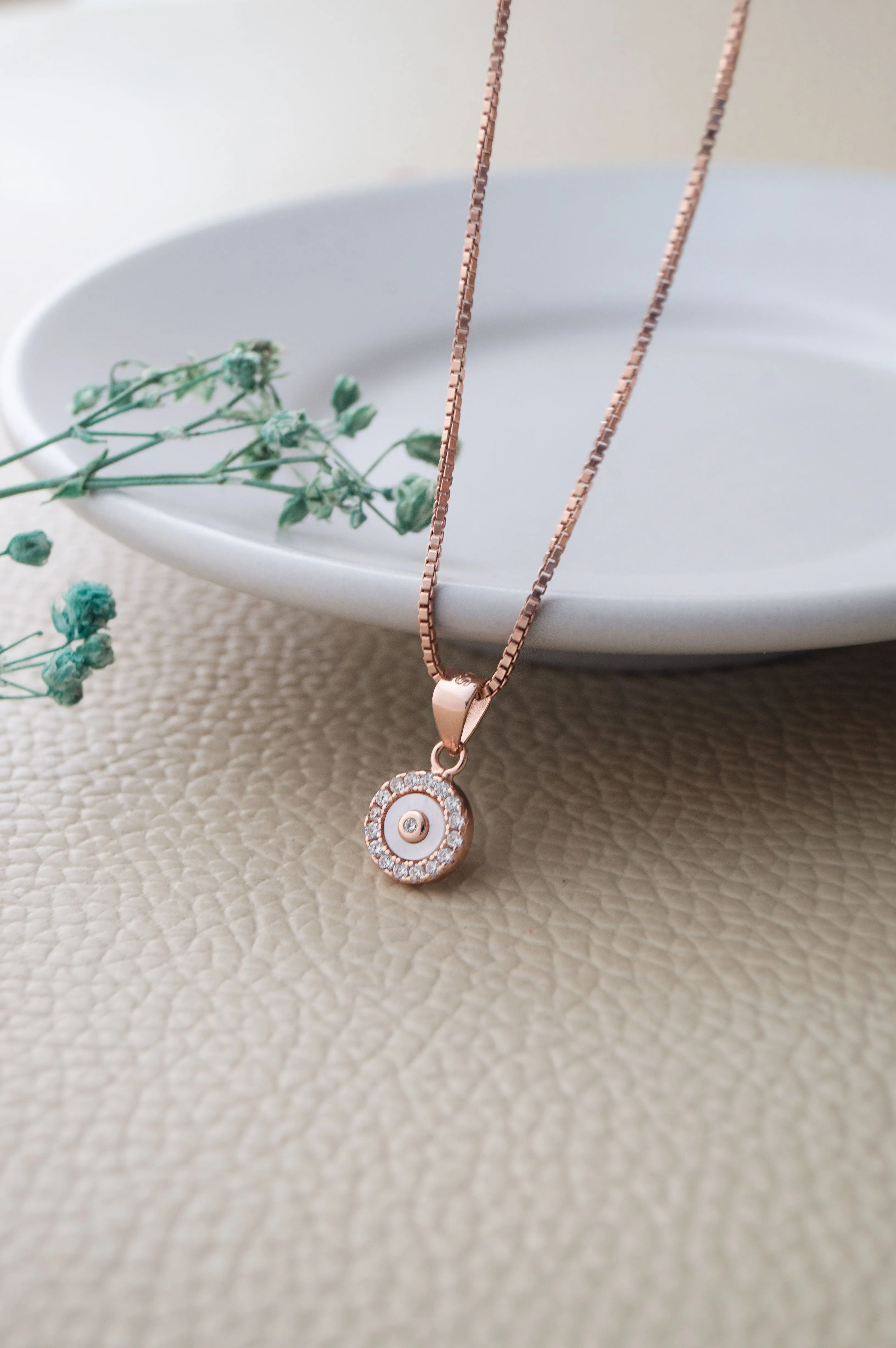 Tiny Mother Of Pearl Circlet Rose Gold Plated Sterling Silver Pendant Set