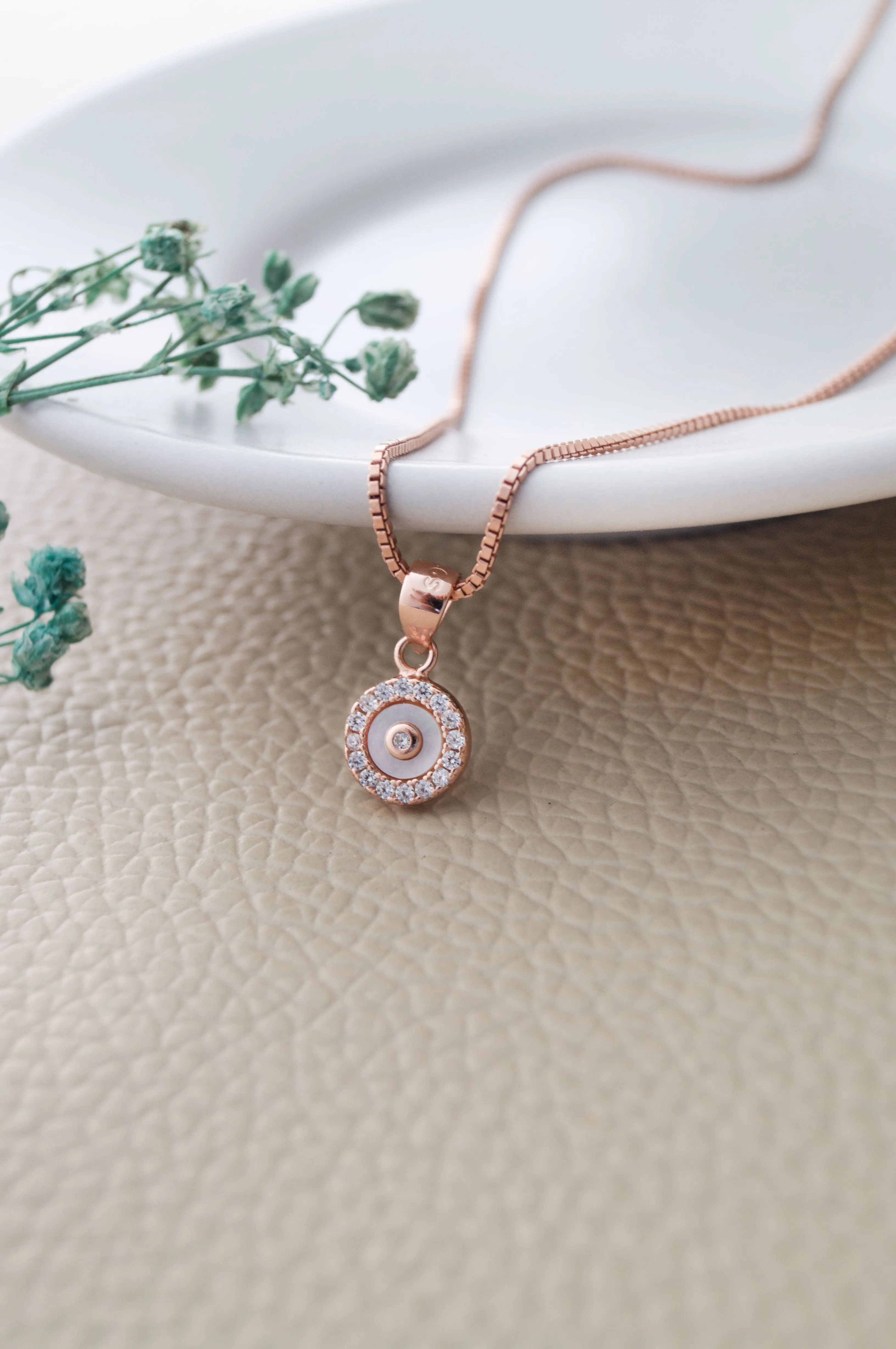 Tiny Mother Of Pearl Circlet Rose Gold Plated Sterling Silver Pendant Set