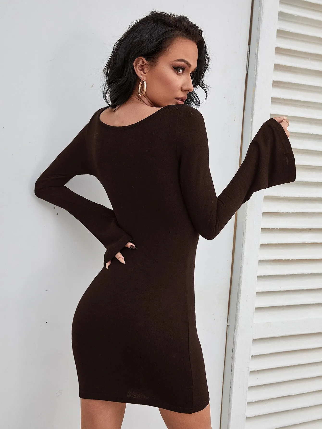 Twist Front Flounce Sleeve Bodycon Dress