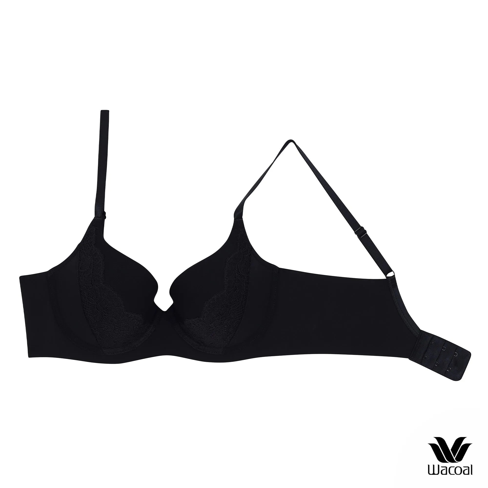 Wacoal Seamless Bra วาโก้บรามีโครง แต่งลายลูกไม้ เสริมฟองน้ำบาง 8 มม. WB5P33 สีดำ (BL)