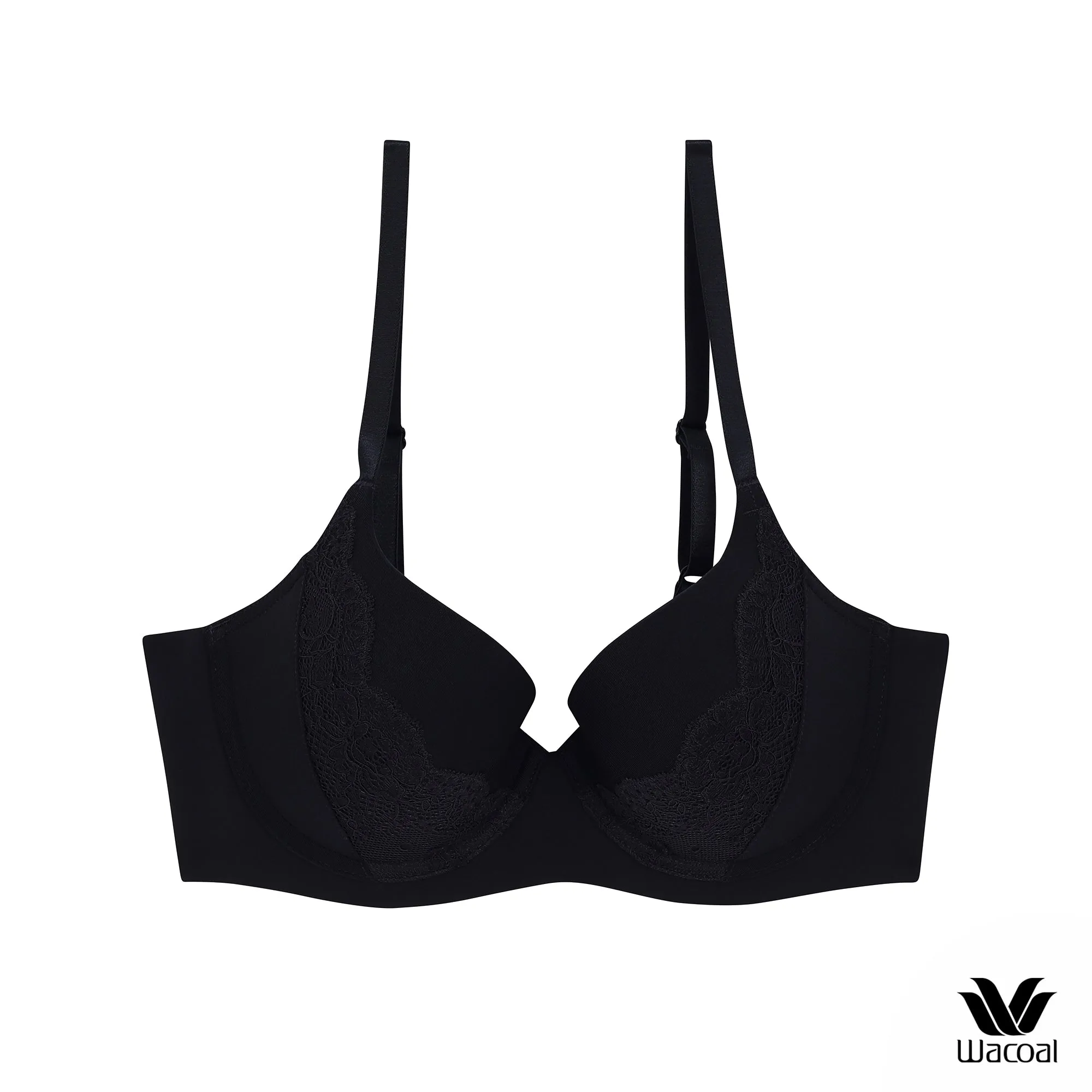 Wacoal Seamless Bra วาโก้บรามีโครง แต่งลายลูกไม้ เสริมฟองน้ำบาง 8 มม. WB5P33 สีดำ (BL)